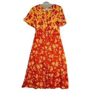 Orange Yellow Floral Dress womens XS Button Front V-Neck Cowgirl Cottage Core‎